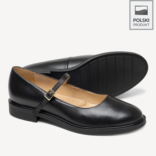 Skórzane półbuty damskie z paskiem Marley czarne