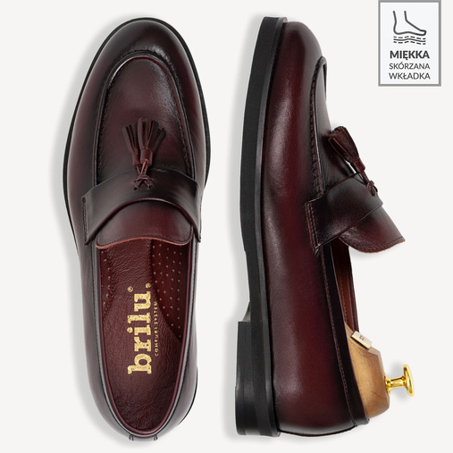 Skórzane loafersy męskie z frędzlami Gervais bordowe
