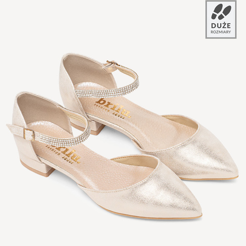 Ślubne połyskujące balerinki z ozdobnym paskiem Alice złote