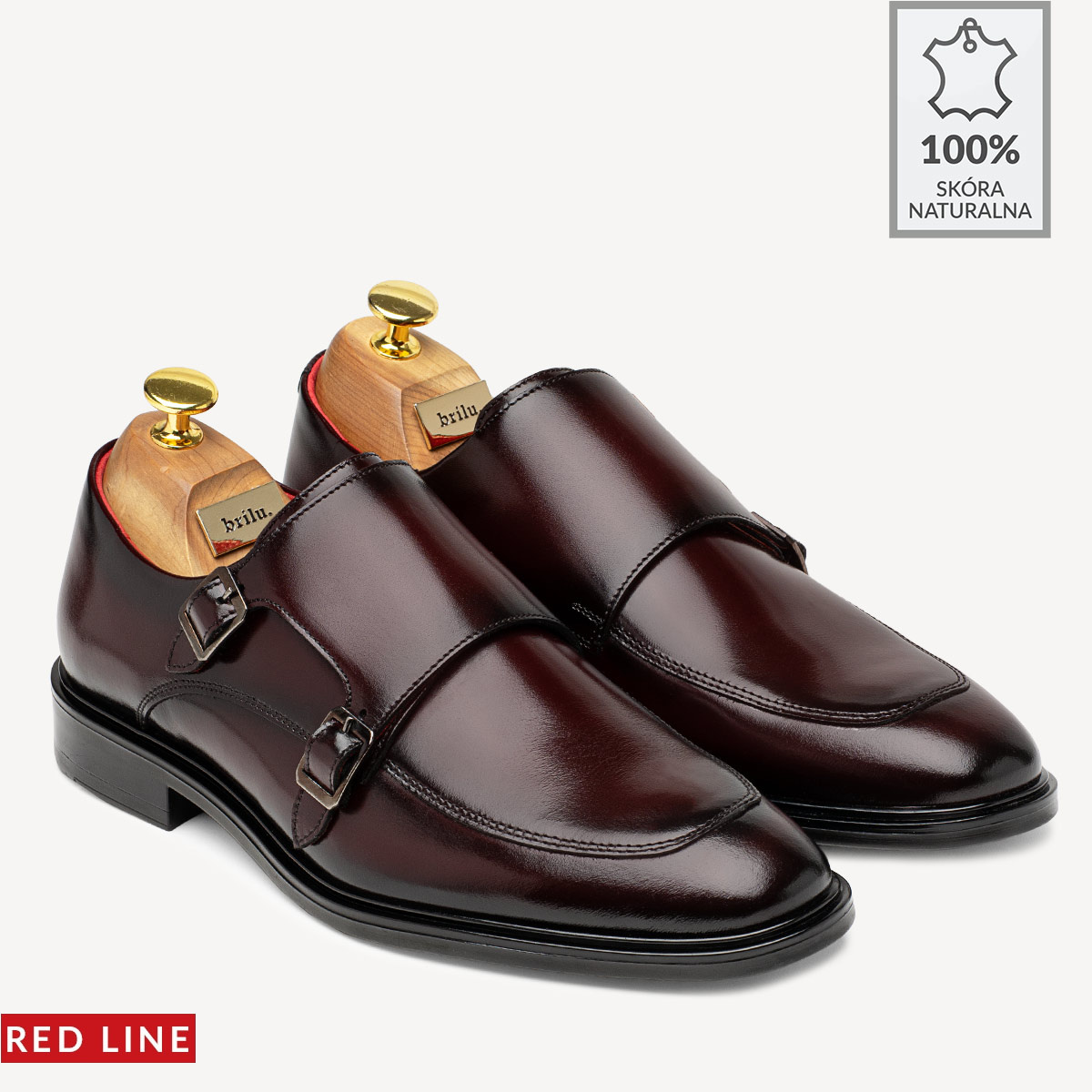 Eleganckie skórzane monki ze sprzączkami Bruce bordowe