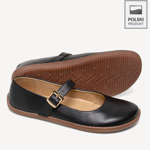 Skórzane baleriny z paskiem barefoot Sharron czarne