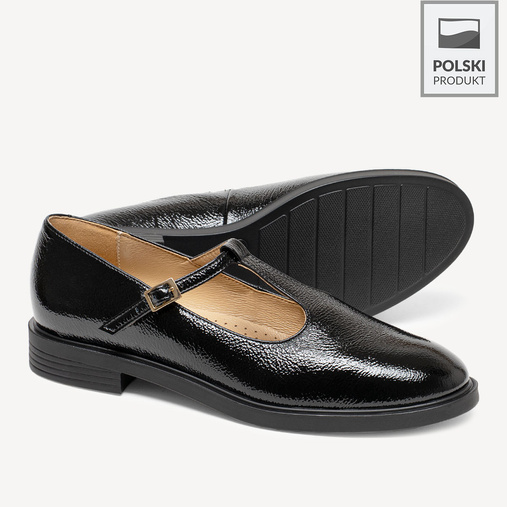 Skórzane lakierowane półbuty damskie z paskiem Samara czarne