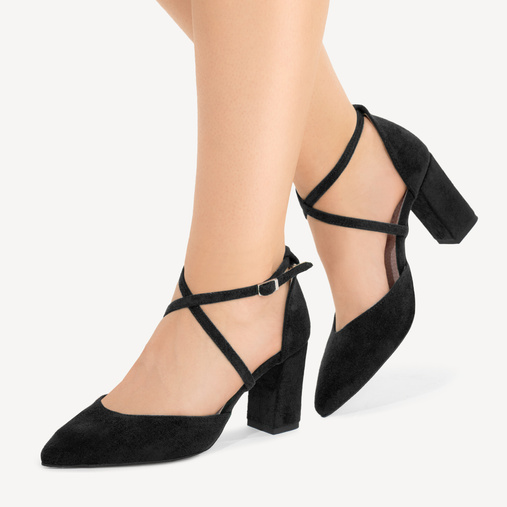 Zamszowe czółenka na słupku z paskami Savanna czarne