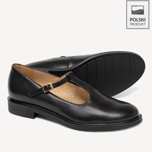 Skórzane półbuty damskie z paskiem Samara czarne