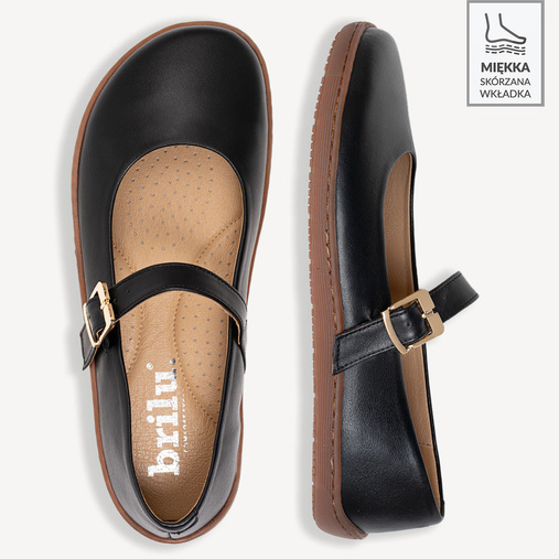 Skórzane baleriny z paskiem barefoot Sharron czarne