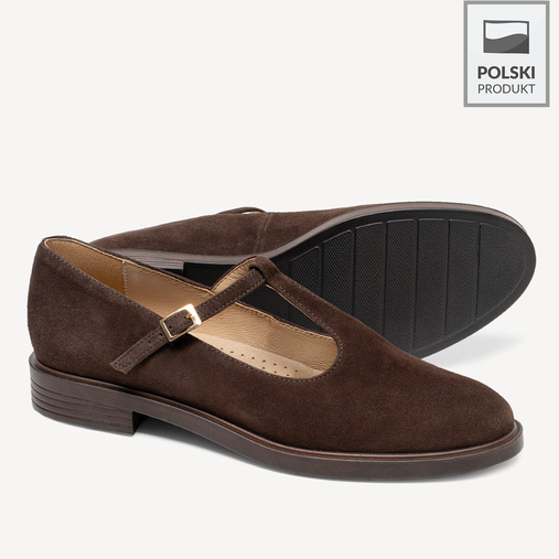 Zamszowe półbuty damskie z paskiem Samara brązowe