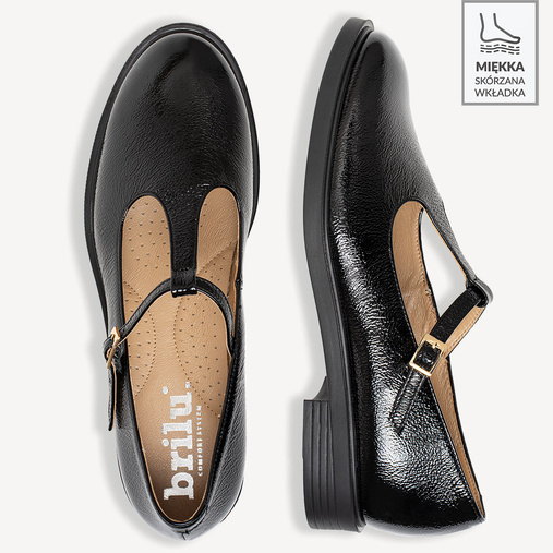 Skórzane lakierowane półbuty damskie z paskiem Samara czarne