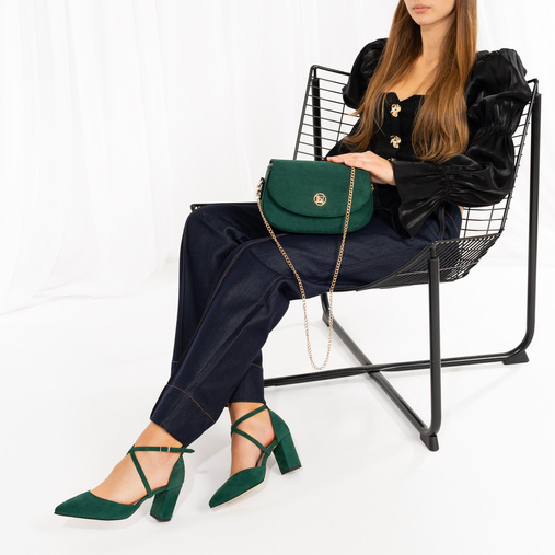 Zamszowe czółenka na słupku z paskami Savanna zielone