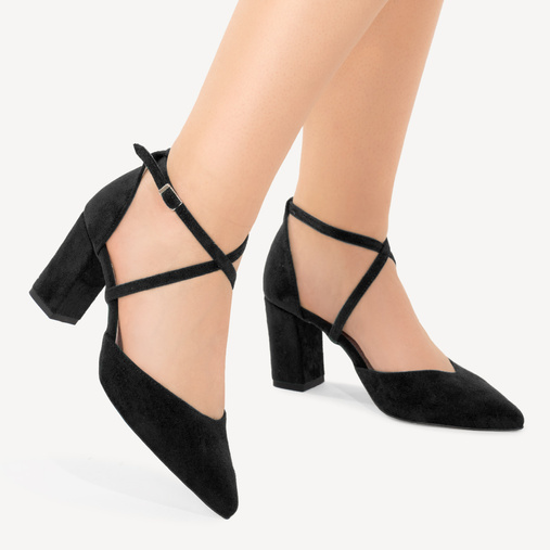 Zamszowe czółenka na słupku z paskami Savanna czarne