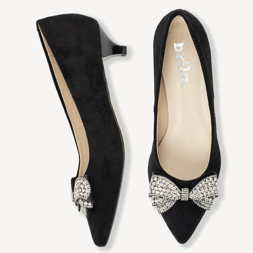 Zamszowe niskie szpilki z ozdobną kokardą Lizzie czarne