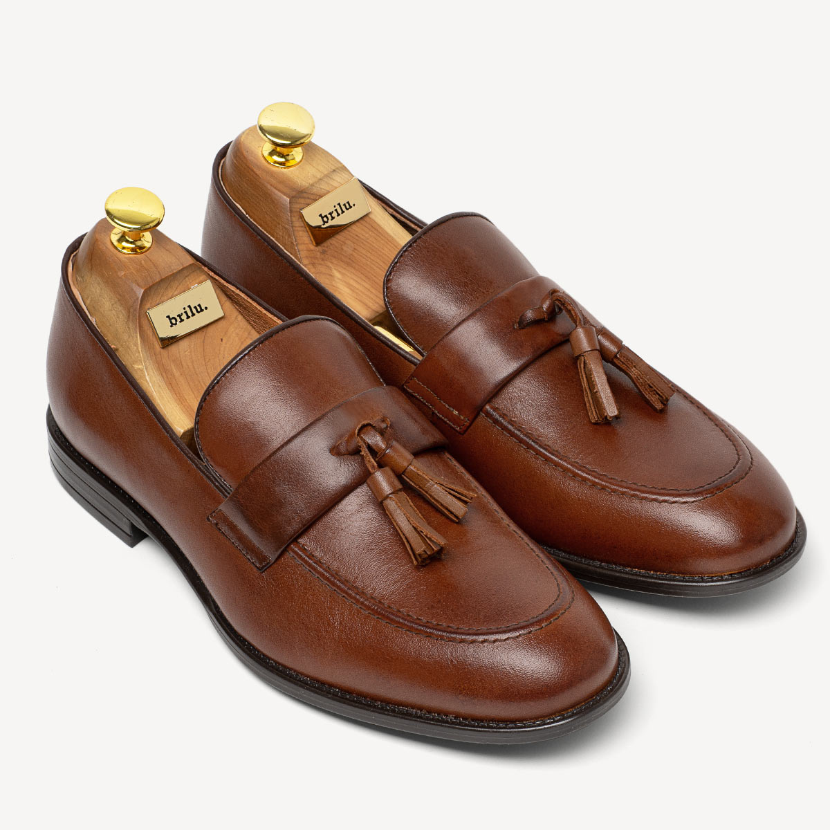 Skórzane loafersy męskie z frędzlami Shane brązowe