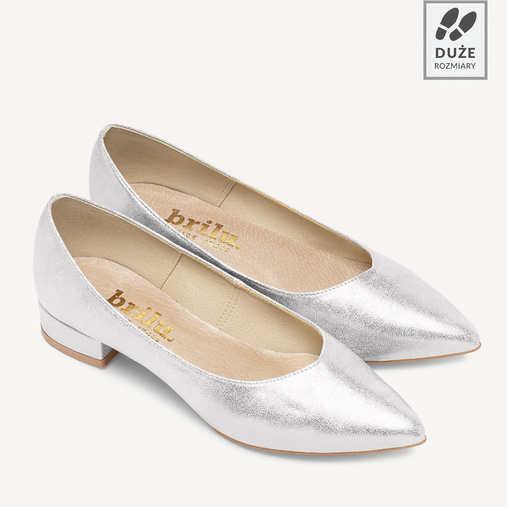 Ślubne połyskujące balerinki z wyciętą w szpic cholewką Ophelia srebrne