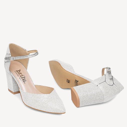 Ślubne brokatowe czółenka z paskiem Arlette srebrne