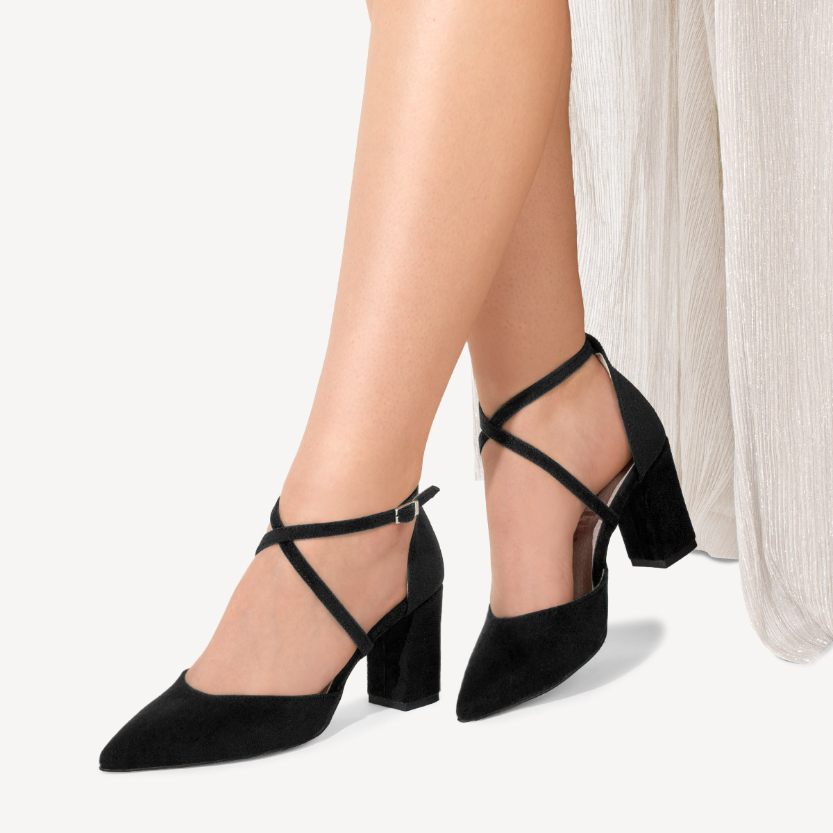 Zamszowe czółenka na słupku z paskami Savanna czarne