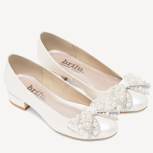 Ślubne perłowe balerinki z ozdobną kokardą Esther ivory