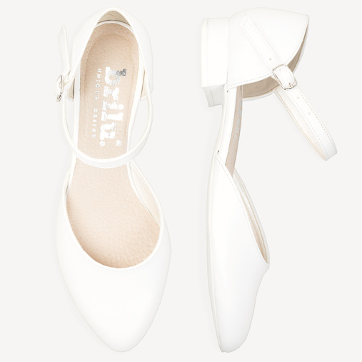 Ślubne licowe balerinki z paskiem Angelica białe