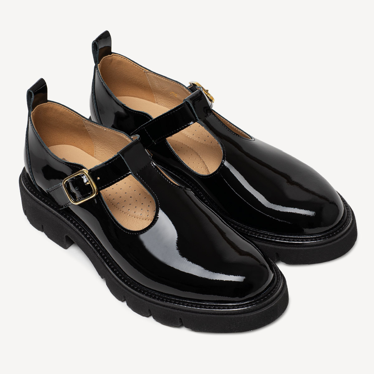 Skórzane lakierowane półbuty damskie z klamrą Ethna czarne