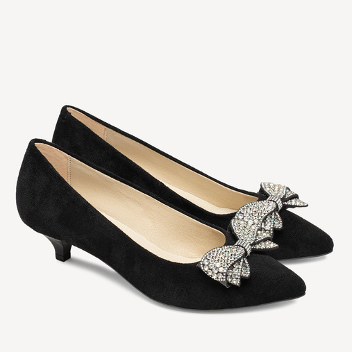 Zamszowe niskie szpilki z ozdobną kokardą Lizzie czarne