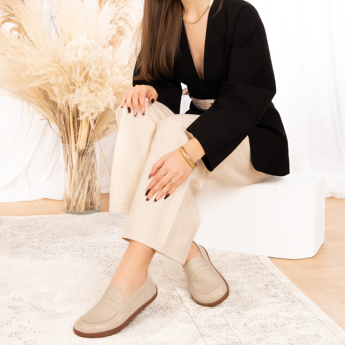 Skórzane mokasyny damskie barefoot Sorrena beżowe