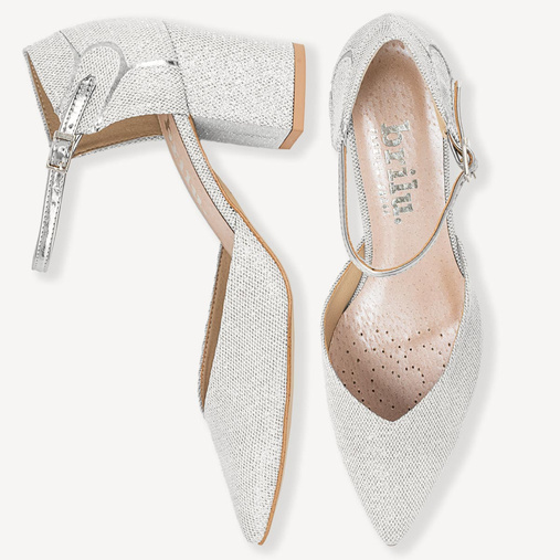 Ślubne brokatowe czółenka z paskiem Arlette srebrne