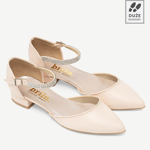 Ślubne licowe balerinki z ozdobnym paskiem Alice cieliste ecru