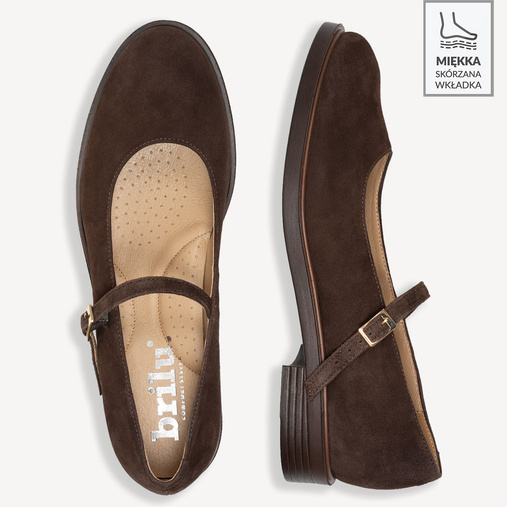 Zamszowe półbuty damskie z paskiem Cindy brązowe