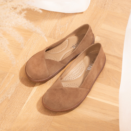 Skórzane zamszowe baleriny barefoot Havana brązowe