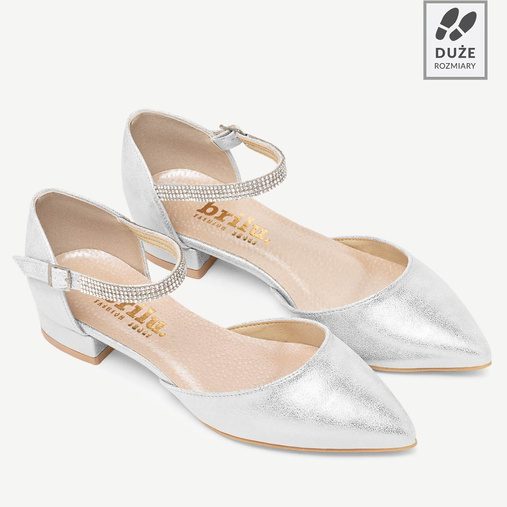 Ślubne połyskujące balerinki z ozdobnym paskiem Alice srebrne
