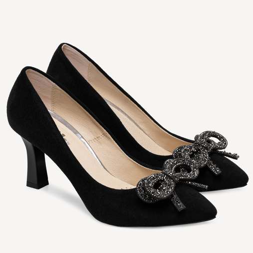 Zamszowe szpilki z ozdobną kokardą Jazmin czarne