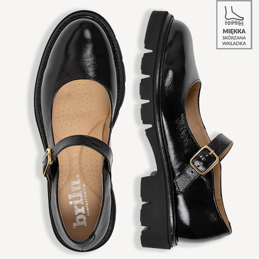 Skórzane lakierowane półbuty damskie z klamrą Merida czarne