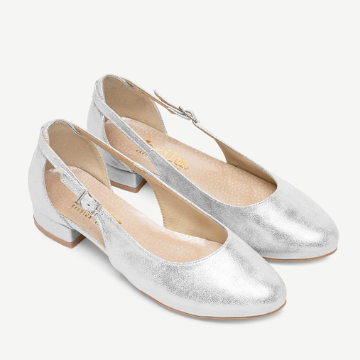 Ślubne połyskujące balerinki z wyciętą na bokach cholewką Sandy srebrne