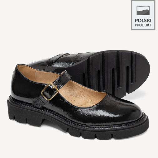 Skórzane lakierowane półbuty damskie z klamrą Merida czarne