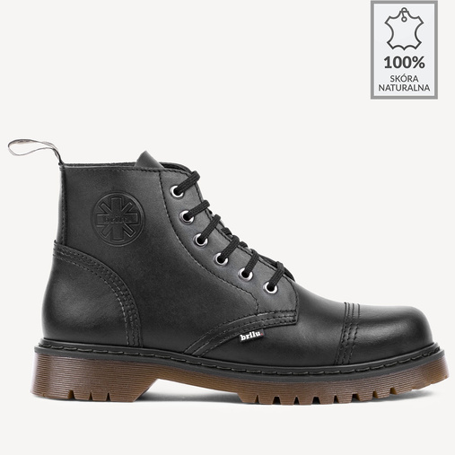 Skórzane glany BRILU wysokie 6-dziurek kauczukowy spód czarne 