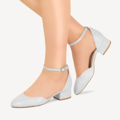  Brokatowe czółenka ślubne na niskim obcasie Henrieta srebrne