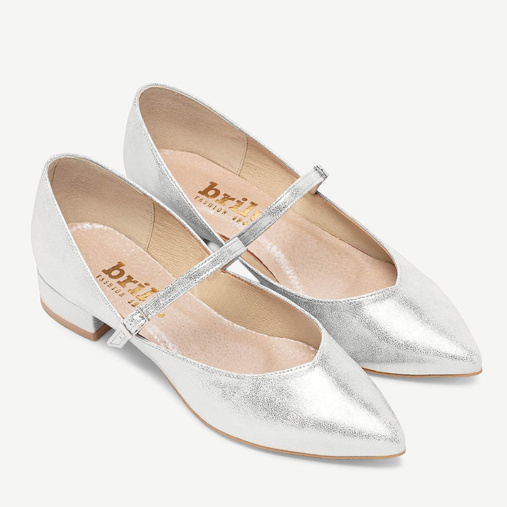 Połyskujące ślubne balerinki z paskiem Caprii srebrne
