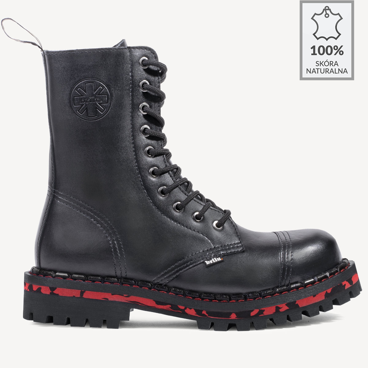 Skórzane glany BRILU wysokie 10-dziurek czarne z czerwonymi wstawkami