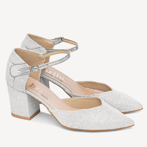 Ślubne brokatowe czółenka z paskiem Arlette srebrne