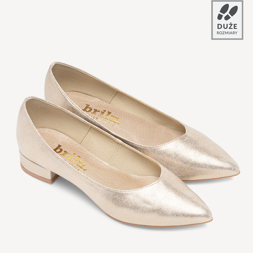 Ślubne połyskujące balerinki z wyciętą w szpic cholewką Ophelia złote