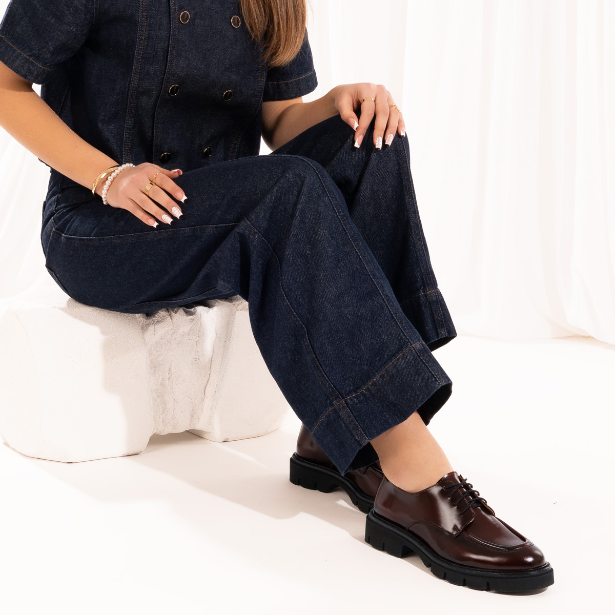 Skórzane sznurowane półbuty damskie Luxury bordowe