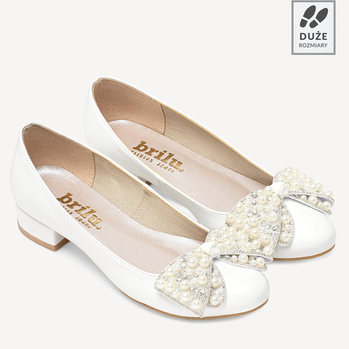 Ślubne balerinki z ozdobną kokardą Esther białe