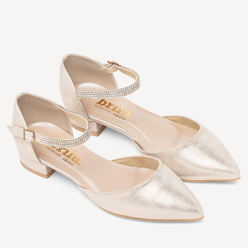 Ślubne połyskujące balerinki z ozdobnym paskiem Alice złote